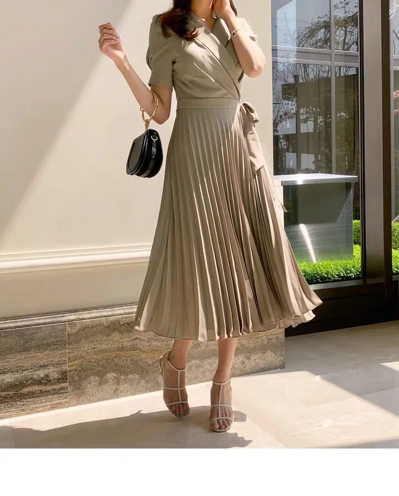 Korean Short Sleeve Pleated Women Dress Office Ladies Lace Up Notched Blazer Dress Adjustable waist Midi Dress 2020 Summer New