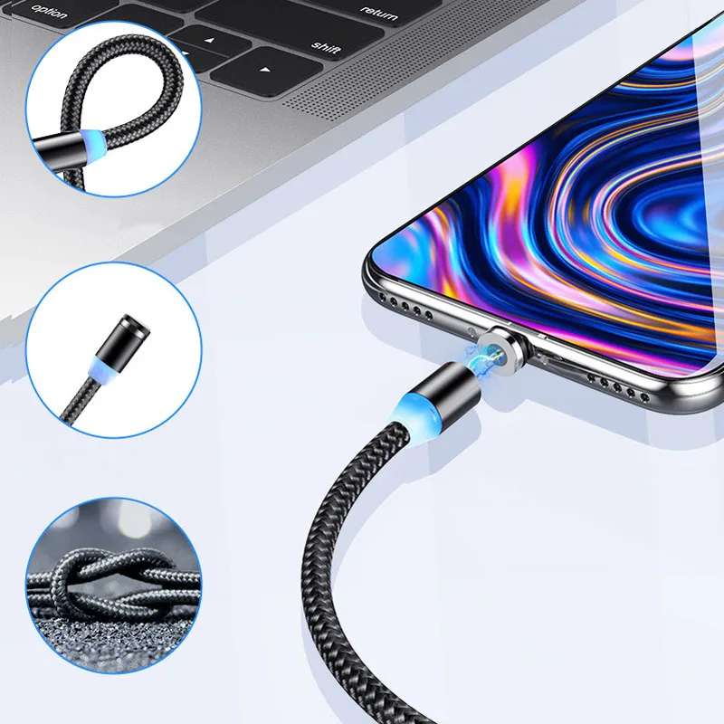 Магнитный кабель для Iphone 6 7 Xs для samsung S8 S9 Кабель зарядного устройства с поворотом на 360 градусов Micro Usb кабель