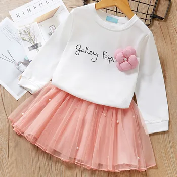 

Baby girl clothes spring and autumn new cotton long-sleeved letter flower T-shirt + net yarn skirt suit two-piece baby girl