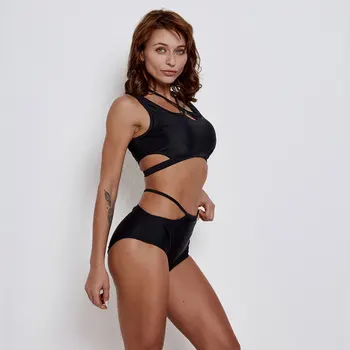 

Women Two Piece Bandage Swimsuit High Waisted Cutout Bikini Halter Criss Cross Wrap Swimwear Bathing Suits Solid Black