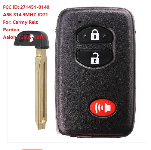 KEYECU дистанционный смарт ключ-брелок для Toyota Carmy eiz Pardoa Aalon(2005-2010) ASK 314,3 ID71 P/N: 271451-0140