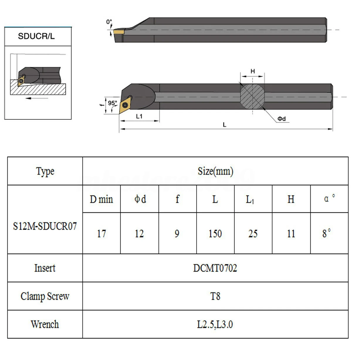 11pcs DCMT0702 Carbide Inserts + S12M-SDUCR07 Boring Bar 150mm with Wrench For CNC Lathe Inner Turning Tools