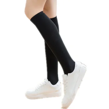 

New Cute Cotton Knee Socks Woman Girls Black Grey Pink White Long Socks Harajuku Wholesale Kawaii Striped High Socks With Print