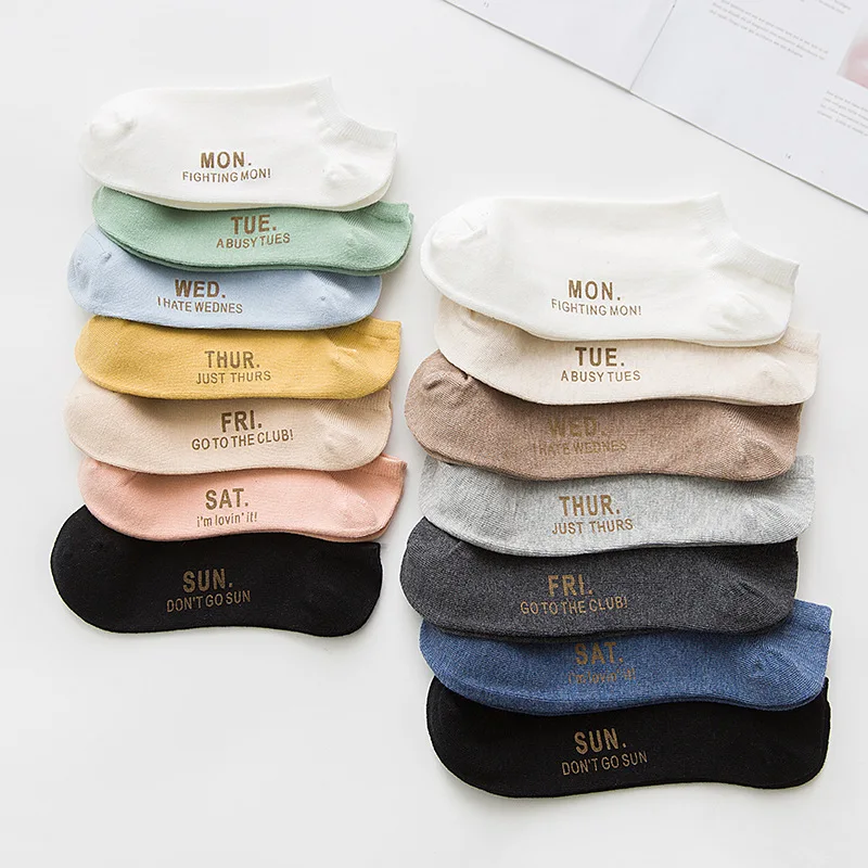 

Moda Mulaya Men Women Harajuku Funny Socks Letter Couple Unisex Colour Week Words Kawaii Korean Cute Woman Socks Ankle Kaos Kaki