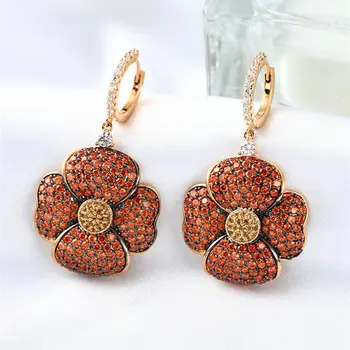 

Bilincolor Trendy Paving Settting Zircon Four Petal Orange Flower Drop Earrings for Women