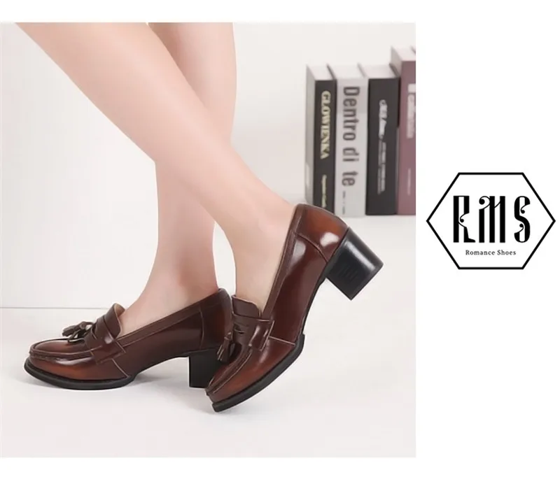 Loafer Pumps Shoes Women Vintage Genuine Leather Women's Shoes Brogues Thick High Heel British College Tassel Women Pumps Oxford (11)