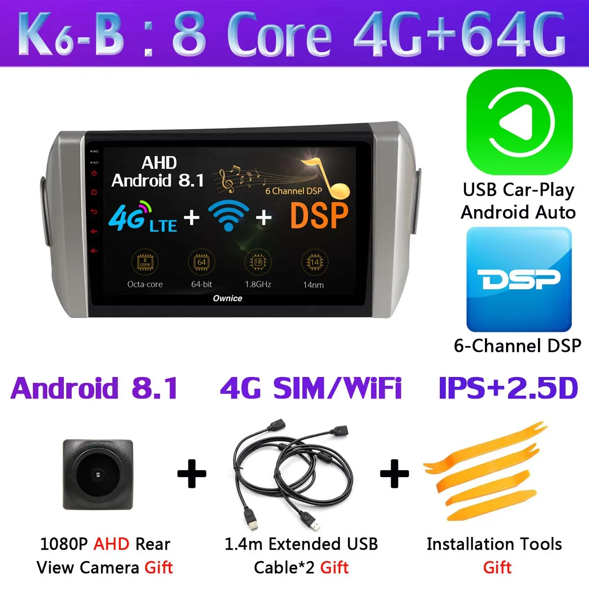 360 ° панорамный 4G WiFi Android 9,0 8Core 4G+ 64G Автомобильный мультимедийный плеер gps компактное минирадио CarPlay для Toyota Innova Crystal - Цвет: K6-B-CarPlay