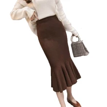 Зимняя длинная трикотажная юбка Женская Осенняя элегантная юбка с завышенной талией и оборками в стиле русалки черная однотонная женская повседневная юбка