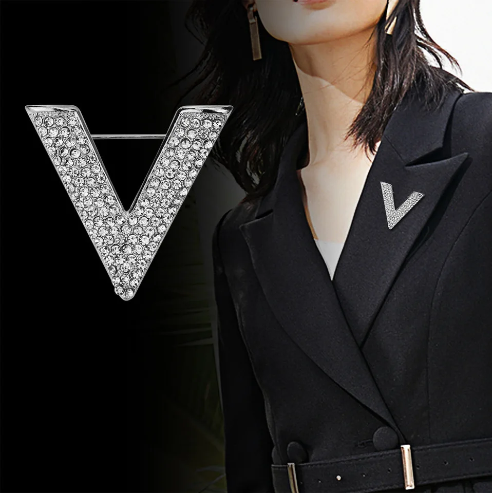 i-Remiel New Minimalist Crystal New Letter V Brooch Pin Rhinestone Triangle Brooches and Pins for Men's Shirt Collar Accessories