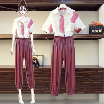 

plus size set 2020 Summer Women two piece set Turn-down Collar Single Breasted Tie-dye Top + Pants Elastic Waist 2 piece Set