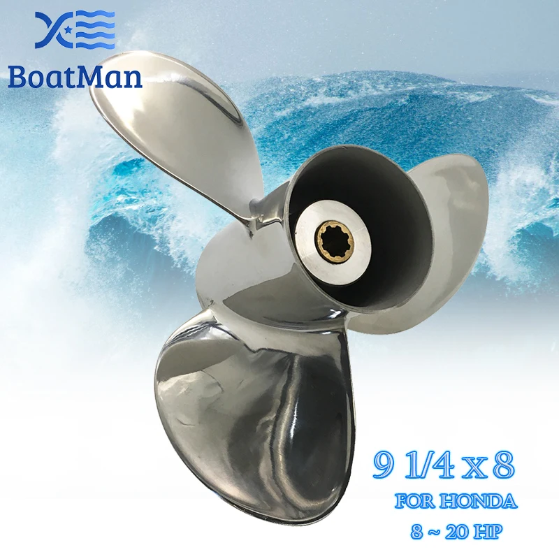 BoatMan® 9 1/4x8 Stainless Steel Propeller For Honda 8HP 9.9HP 15HP 20HP Outboard Motor 8 Tooth Engine Boat Part 58133-ZV4-008AH boatman® 9 1 4x11 aluminum propeller for honda 8hp 9 9hp 15hp 20hp outboard motor 8 tooth engine 58130 zv4 011ah rh outlet