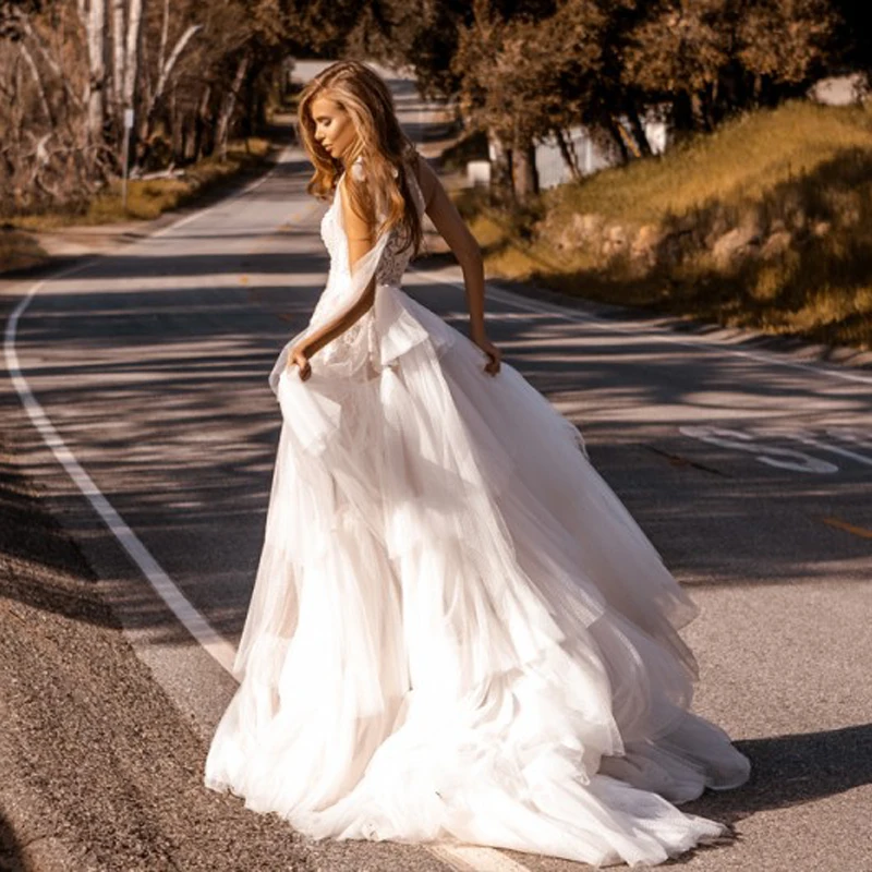 Романтические Аппликации Высокий вырез бальное платье Свадебные платья 2019 лента без рукавов слои Тюль шикарное кружевное свадебное