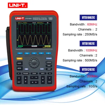 

UNI-T UTD1202C UTD1102C UTD1062C Oscillograph Handheld Digital Storage Oscilloscope 2CH 200MHz Bandwidth 1GS/s Sample Rate 1.8ns