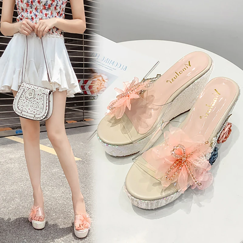 

Wedges Slipper for Women PVC Transparent Lace Flower Design Open Toe Slip On Fashion Slippers Summer Beach Shoes High Heels Shoe