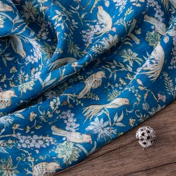 

High quality natural ramie patchwork Blue bottom Bird Print fabric Fashion Gown Dress Pants Shirt coat tissu