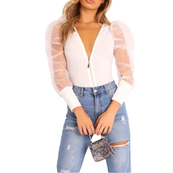 

New Fashion Women Plus Size Sexy Bodysuits Bodycon Sheer Mesh Long Sleeve Top See-through Vintage Shirt