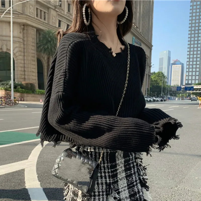 

SHENGPALAE 2019 Spring Long Sleeve Black Round Collar Short Sweater And Sweet Skirt Suit Women Fashion Tide FI605