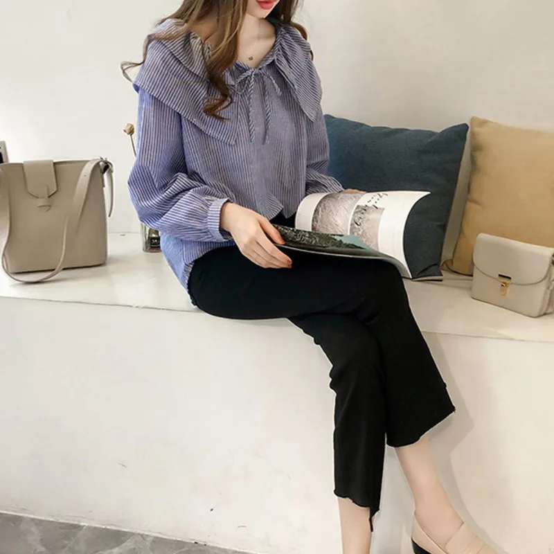 Blouse Women Top Stripe Shirt Korean Clothes Printing Long Sleeve V-Neck Loose Blouse Blusas Mujer De Moda New Arrival