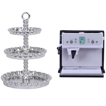

1Pcs 1/12 Dollhouse Miniature 3 Layer Metal Desserts Snack Rack & 1Pcs Metal Expresso Coffee Machine Model with Coffee
