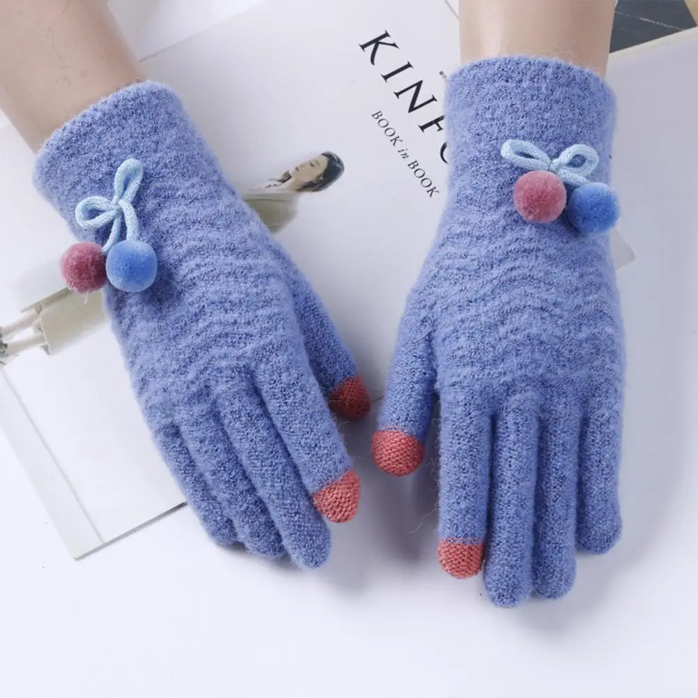 New Women Gloves Knit Gloves with Cute Plush Ball Warm Hands Keeper Lady Touch Screen Gloves Female For Winter - Цвет: blue