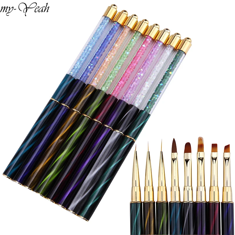 my-Yeah Nail Art Multipurpose Cat Eye Rhinestone Paint Brush Kit Acrylic Gel Polish Extension 3D Liner Flower DIY Gradient Pens