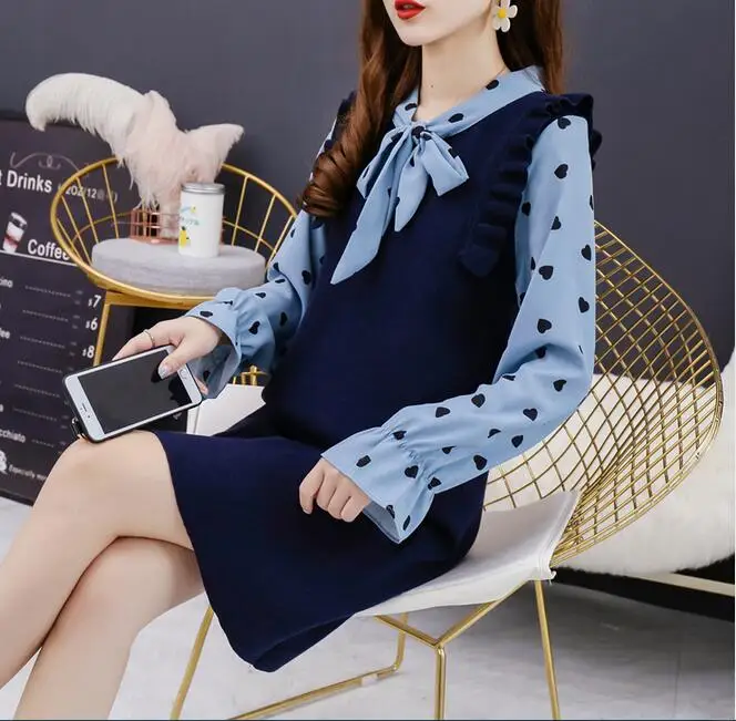 Зима Материнство Мода Платье для кормящих горошек лоскутное Грудное вскармливание платье офис леди халат для кормящих женщин - Цвет: A1153Blue