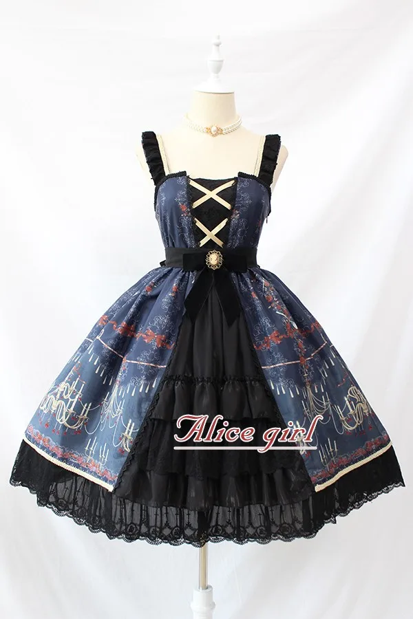 Люстра печатных Готический Лолита JSK платье с разрезом спереди Хэллоуин вечерние платья от Alice Girl - Цвет: Синий