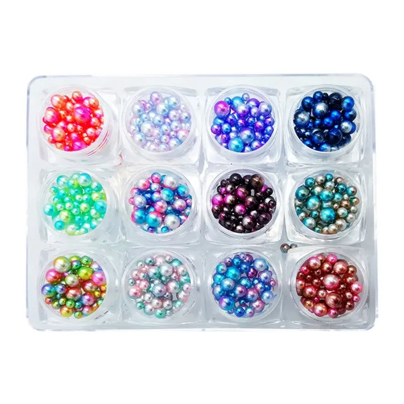 

1 Box 12 Colors Charms Gradient Pearls Round Shiny 3D Nail Art Beads DIY Crafts U4LF