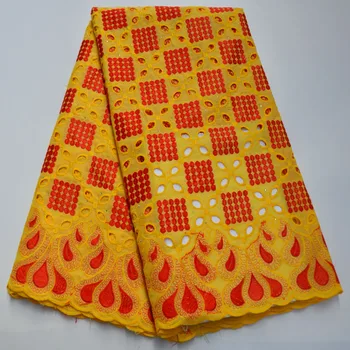

High Quality Yellow 100%Pure Cotton African Swiss Voile Lace Fabric French Stones Embroidery Voile Lace Materials In Switzerland