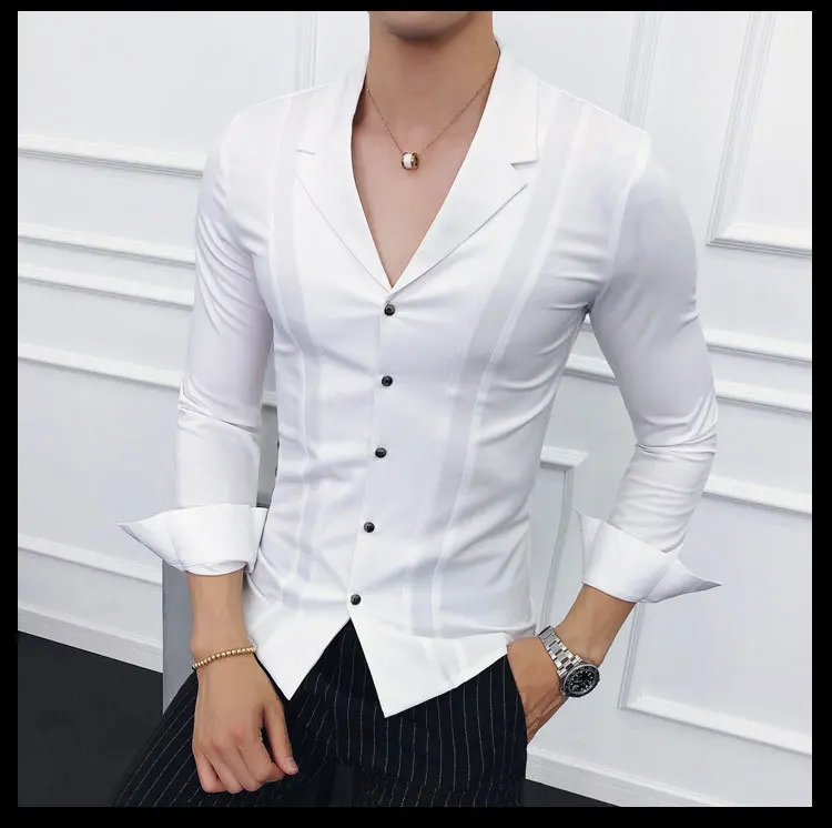 Однотонный костюм рубашка с воротником Глубокий V Сексуальная Pleat рубашка Для мужчин Slim Fit с длинным рукавом платье рубашка корейский Для