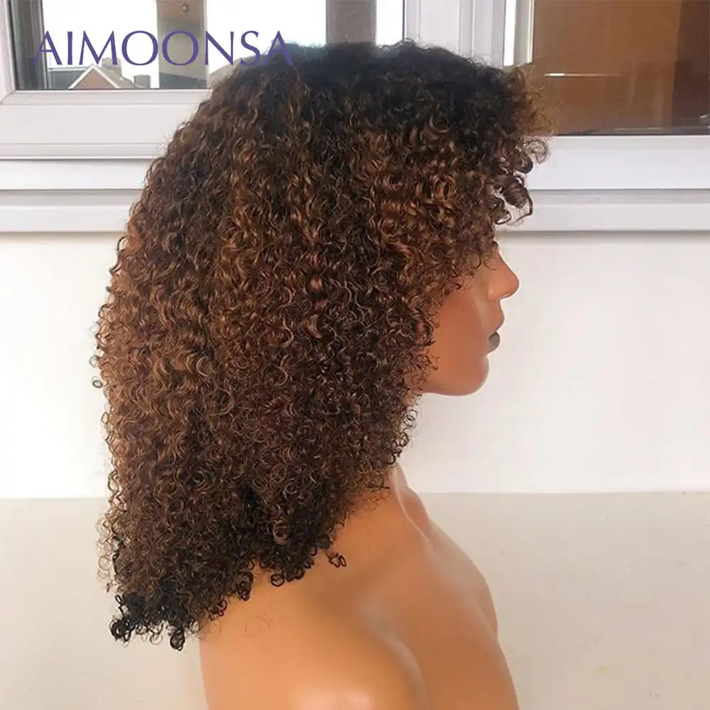 Honey Blonde Afro Kinky Curly Wig Short Human Hair Wigs Bob Lace