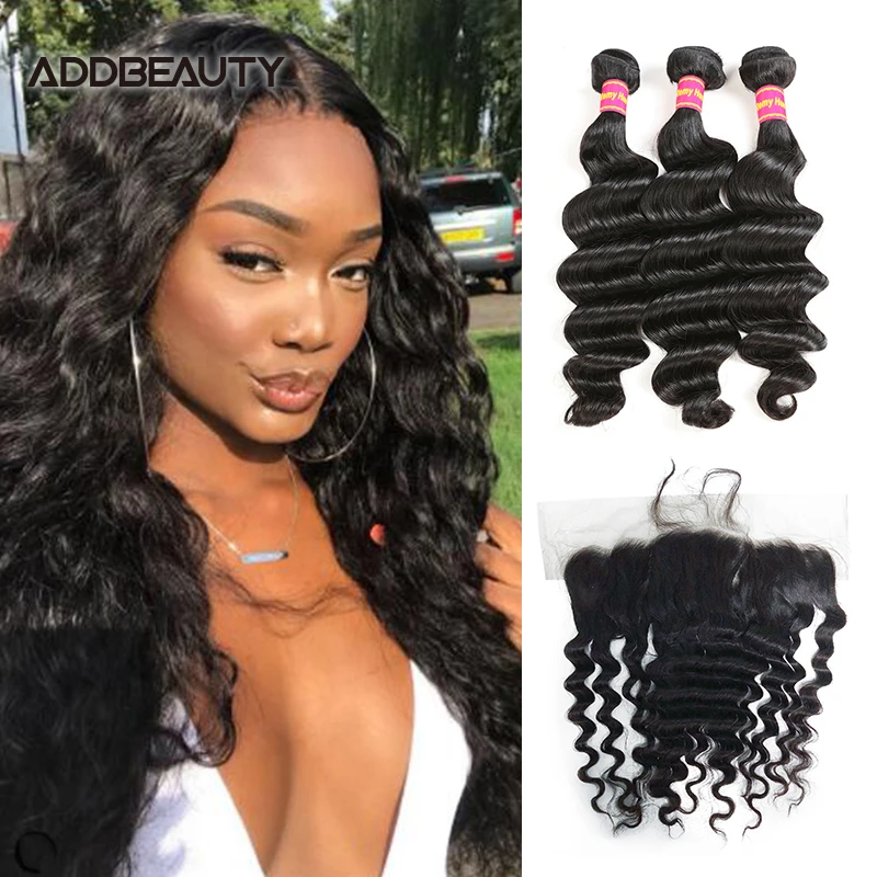 

Loose Deep Brazilian Virgin Human Hair Bundle with 4x4 Lace Closure 13x4 Swiss Lace Frontal Natural Color Pre-plucked Hairline