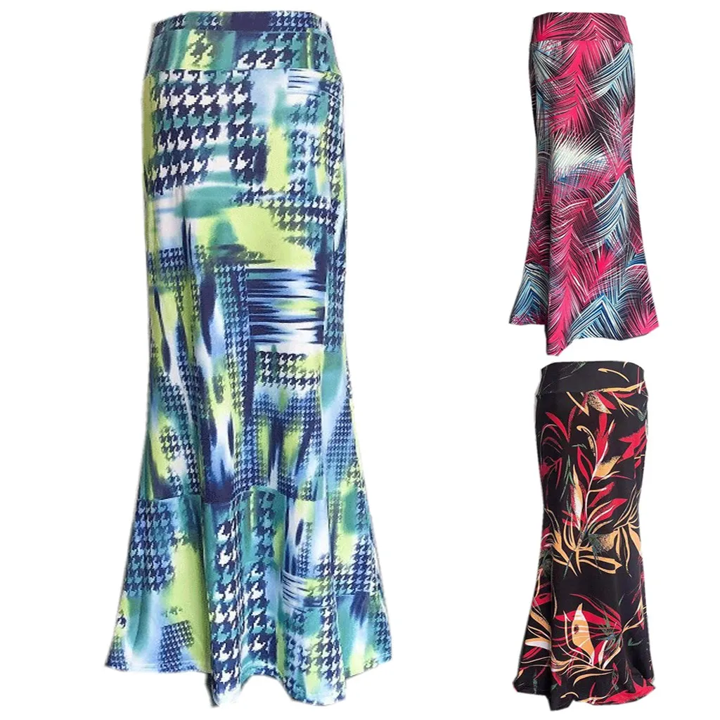 

2019 Newest Women's Skirts Summer Women Bodycon Ruffles Skirts Casual High Waist Flower Printed Long Maxi Skirt Plus Size