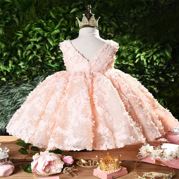 

Girl Dress Baptismal dress for infant Pink petal elegant Flower Girls Wedding Dresses tutu princess Baby Girl Dress