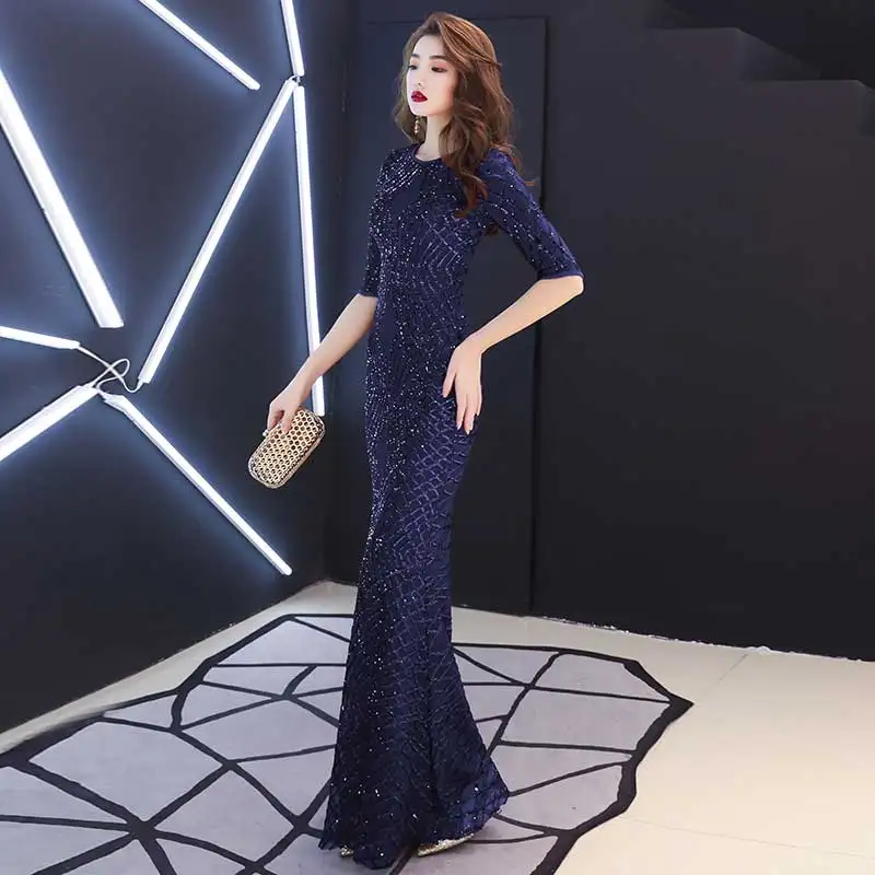 navy blue Винно-красное расшитое блестками платье русалки для выпускного вечера элегантное женское вечернее платье в пол с круглым вырезом размера плюс - Цвет: navy blue