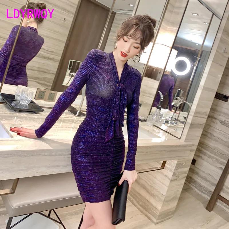 

The new sexy perspective bow pleated dress for spring and autumn 2021 sparkles the hips Office Lady Polyester