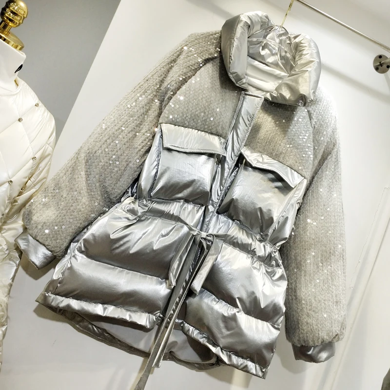 Одежда с хлопковой подкладкой и блестками, Женское зимнее пальто, новое корейское свободное приталенное теплое пальто, зимняя куртка, женская серебряная парка