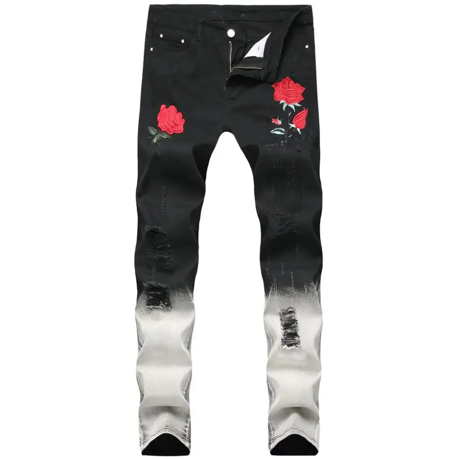 Men's Fashion Rose Embroidery Jeans Straight Fit Ripped Hole Stretch Denim Pants For Man Contrast Color Black Casual Trousers