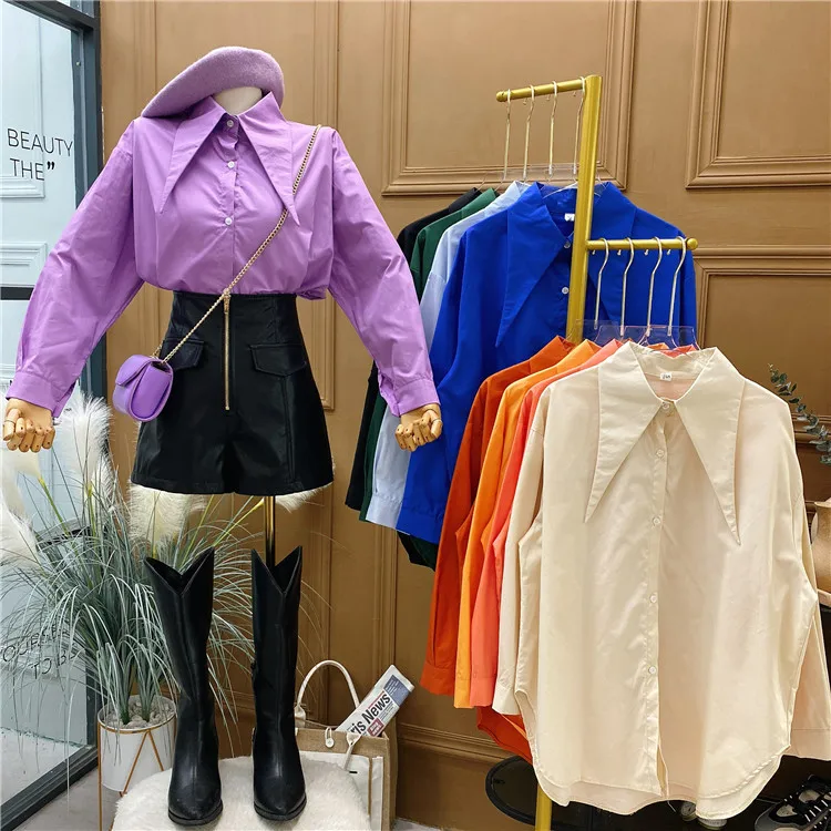

Long-sleeved shirt women's retro Hong Kong-style solid color shirt 2020 autumn and winter loose mid-length bf lazy wind jacket
