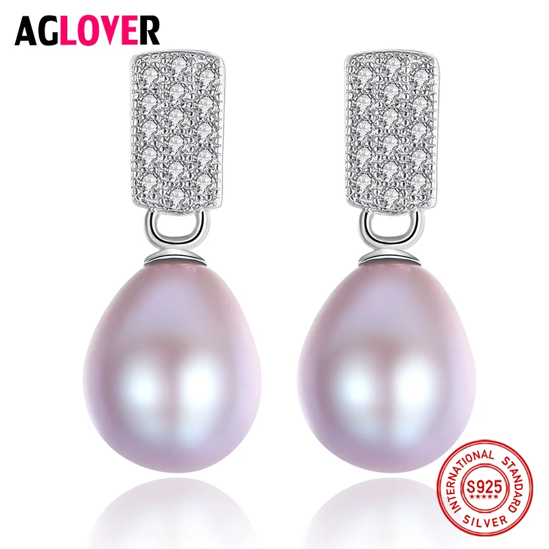 AGLOVER 925 Silver For Women Earring Zircon Inlay Earrings Natural Freshwater Pearl Earring Pearl Jewelry Women Party Lady Gift