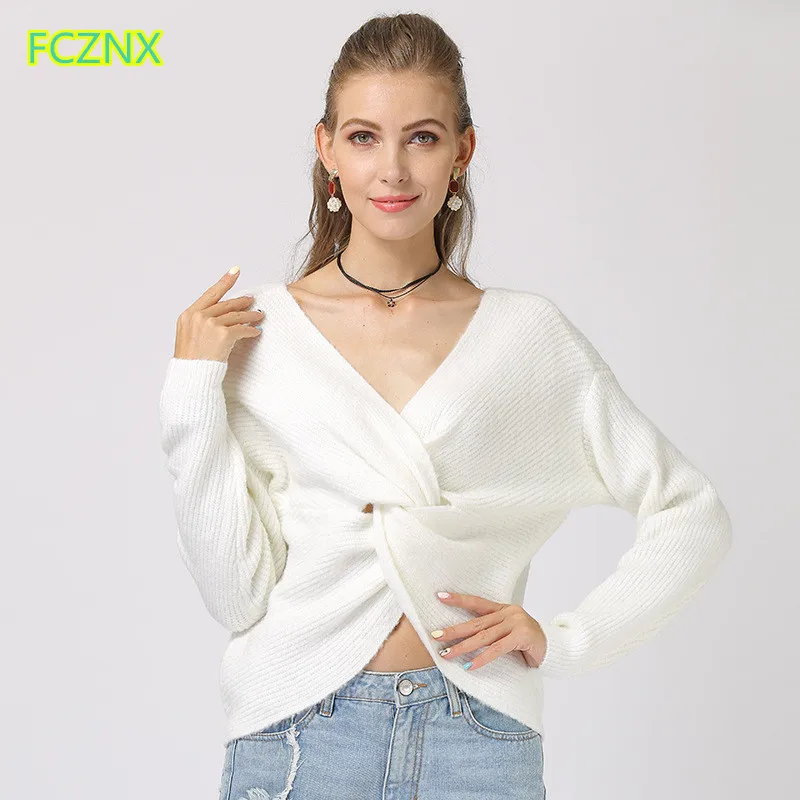  2019 women clothing long sleeve V-Neck criss-cross asymmetrical sweater knitted Tops Female sexy fa