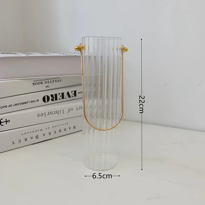 European Vertical Pattern Glass Hydroponic Vase with Metal Handle Simple Home Desktop Decoration Vase Desk Storage Bucket 6