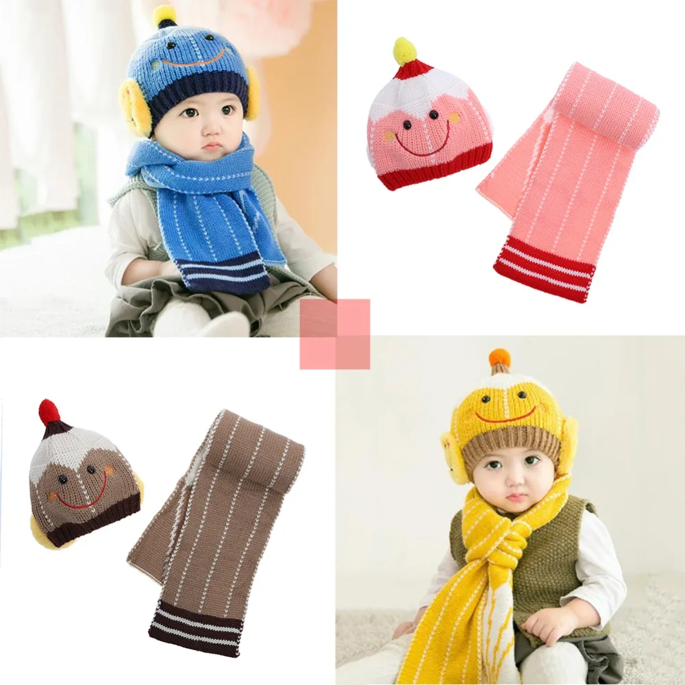 Newborn Baby Winter Warm Cap Scarf Set Cute Knitted Antlers Neck Warmer Cap Suit Infants Protect Boy Girl Kids Hat and Scarf Set