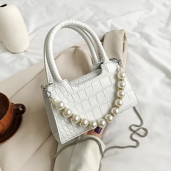 

Elegant pearl chain Totes Bags For Women 2020 Fashion Handbag Soft Leather Female Small Bag Casual Retro Mini Shoulder Bag