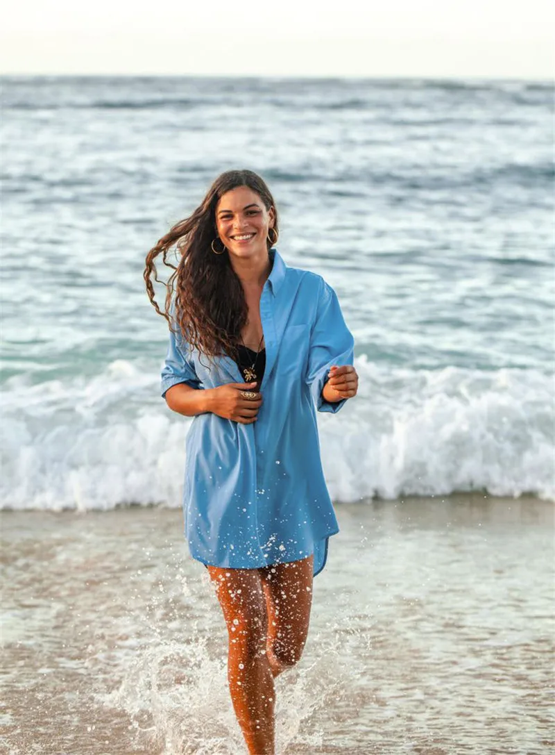 Пляжное платье-рубашка с принтом русалки спереди, с коротким сзади, белое хлопковое платье-туника, женская летняя пляжная одежда, купальный костюм, накидка N324