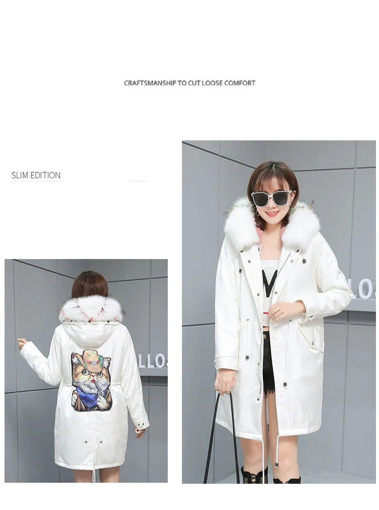 Fur Parkas Highstreet Cartoon Printed Real Fox Fur Collar Hooded Rabbit Fur Lining Long Coat Women Winter Casual Plus Outwear