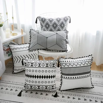 

Simple Sofa Decorative Cushion Cover White Black Rectangle Pom Ball Soft Pom Pillow Fringe Case Geometric Cover Pillow Boho