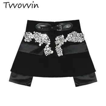 

TVVOVVIN 2019 New Spring Autumn High Waist Black Beading Blingbling Spliced Personality Short Half-body Skirt Women Fashion C646