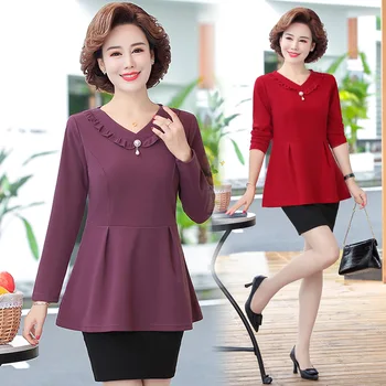 

Graceful V-neck Base Shirt Tops Fashion Middle-aged Women Dress Slim Fit Slimming Belly Covering T-shirt Shirt 35-45 Middle-Aged