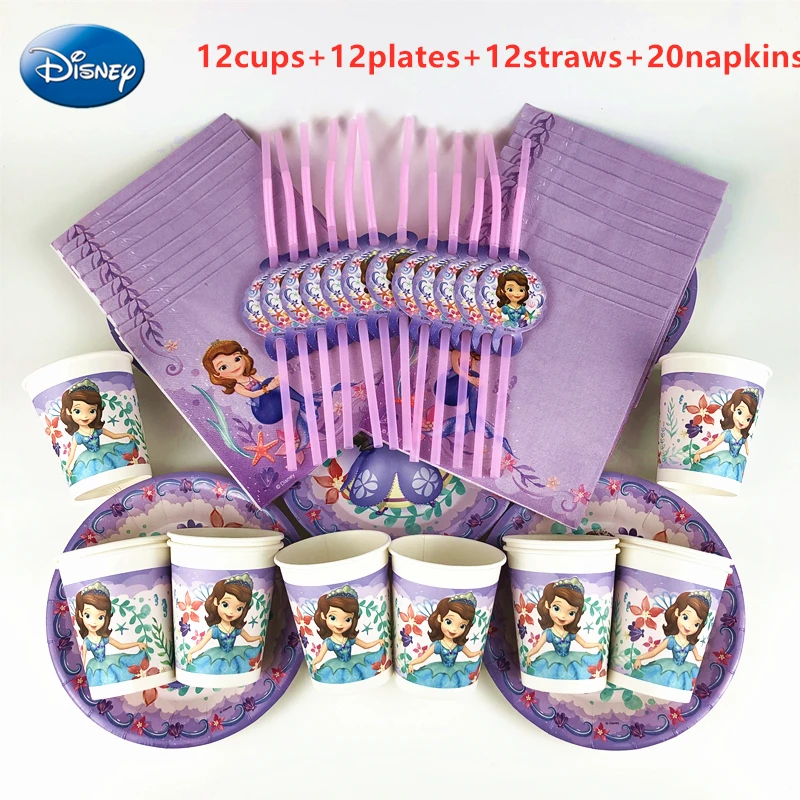 

Hot 56pcs Disney Sofia Princess Disposable Tableware Kids Girls Birthday Party Decoration Paper Plate+Cup+Napkin+Straws Supplies